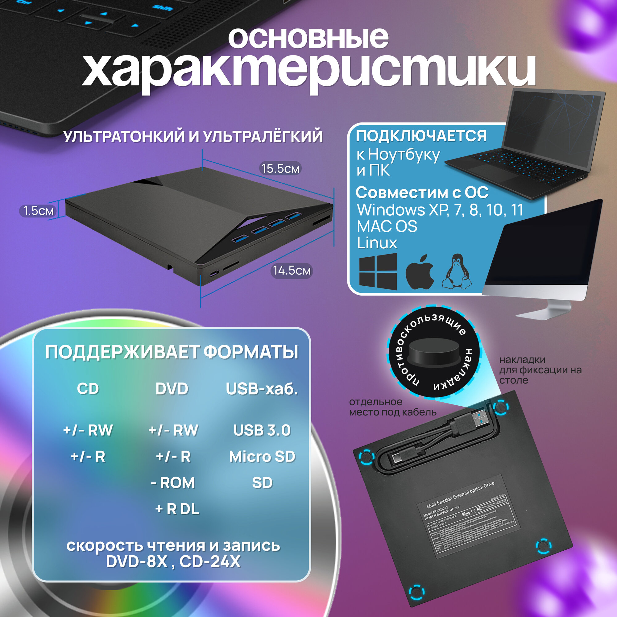 Дисковод внешний для ПК, ноутбука USB 3.0/Type-C, чтение/запись DVD/CD + Micro SD, внешний дисковод — фото 1
