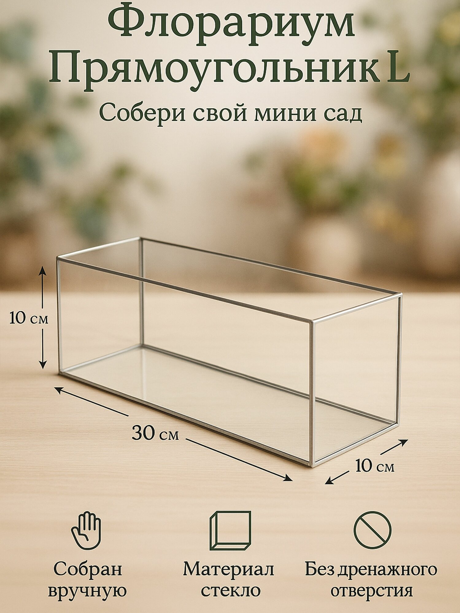 Ваза для флорариума из стекла, Прямоугольник L. Серия серебрити. 10*30 см. Кашпо для декора и растений