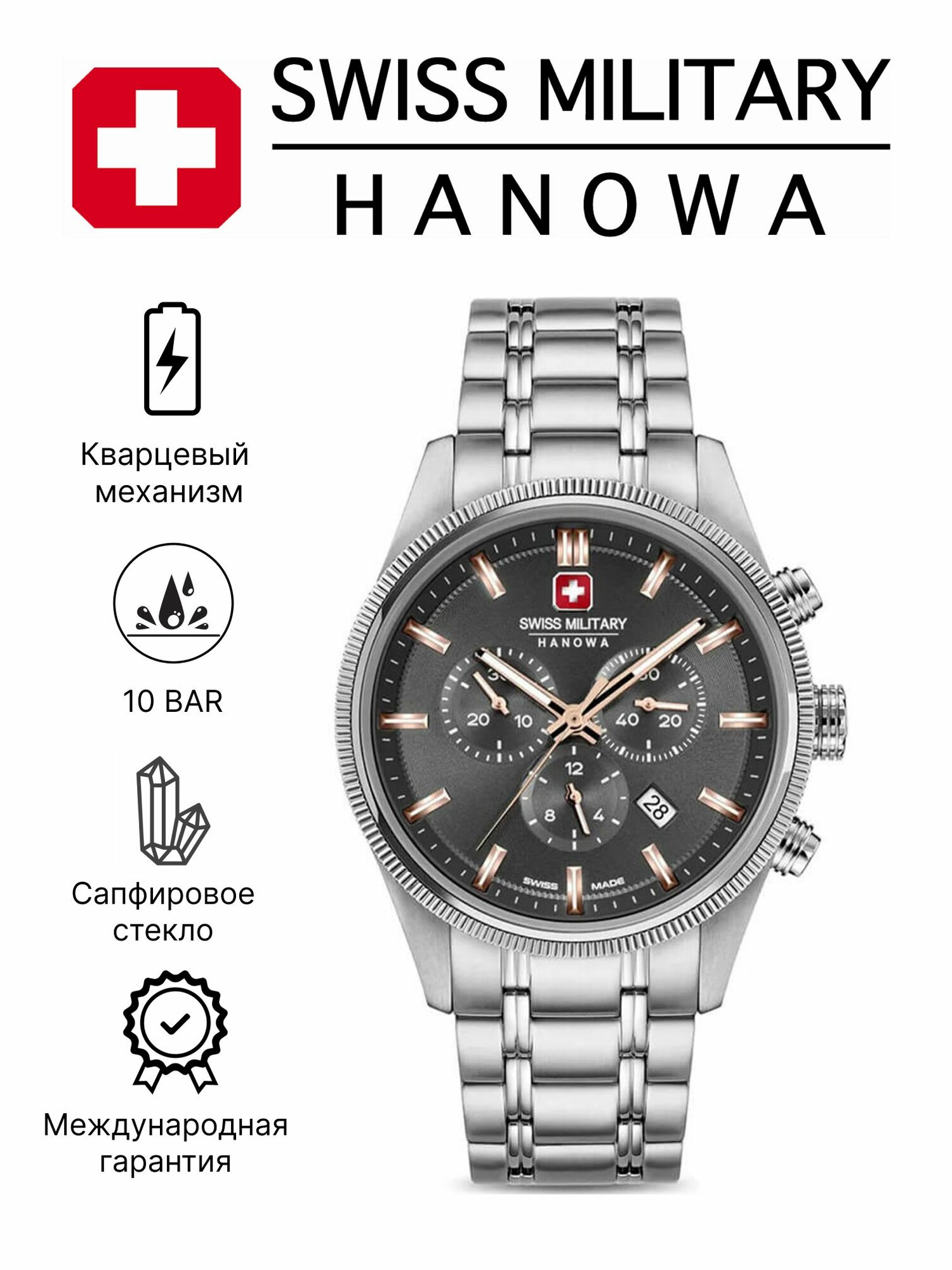 Наручные часы Swiss Military Hanowa, серебристый/серый