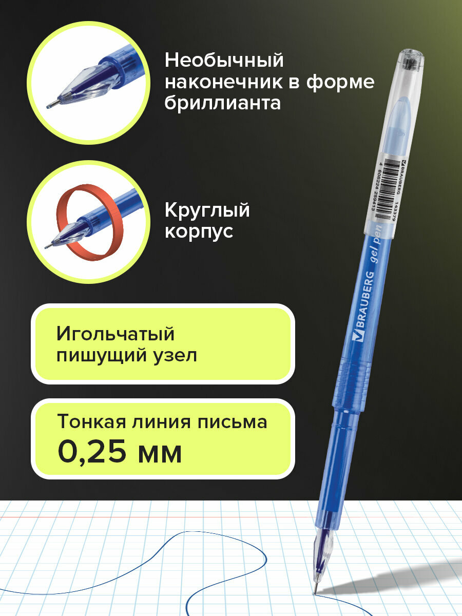 Ручка гелевая BRAUBERG DIAMOND, комплект 12 штук, синяя, игольчатый узел 0,5 мм, линия 0,25 мм, 880421 — фото 1