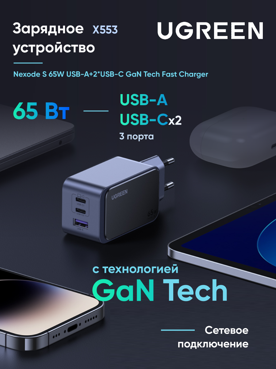 Сетевое зарядное устройство UGREEN X565 (35043) Nexode S 100W USB-A+3*USB-C GaN Tech Fast Charger EU. Цвет: серый