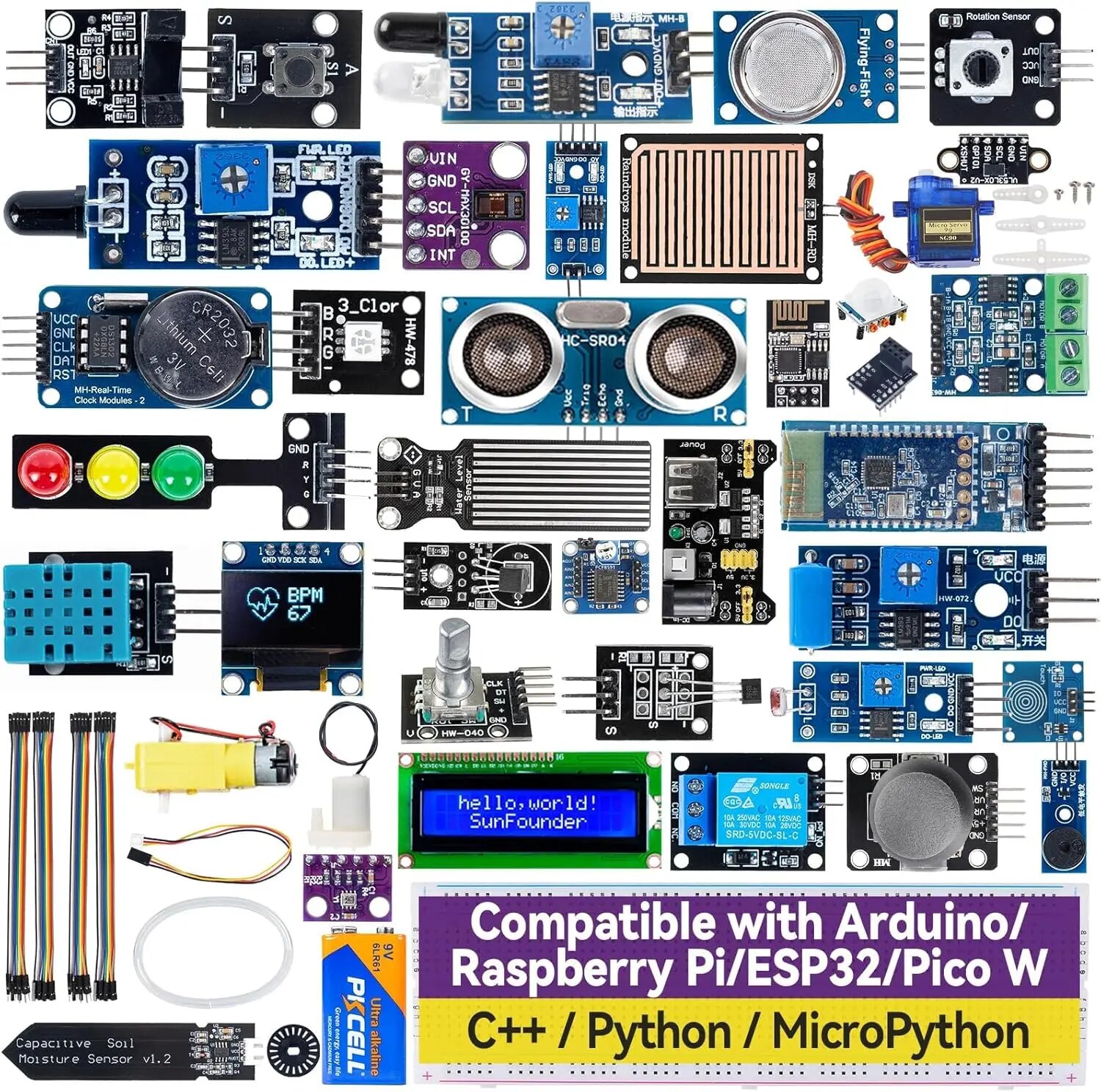 Набор датчиков SunFounder, совместимый с Arduino Mega 2560/Uno R3/R4 мини/Wi-Fi Nano, Raspberry Pi 5/4B/3B +/Zero