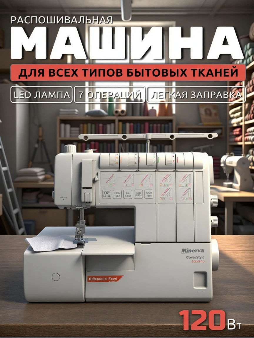 Распошивальная машина Minerva CS M1000Pro / для всех типов тканей / Регулятор давления лапки на ткань / 3,2,1 игольная