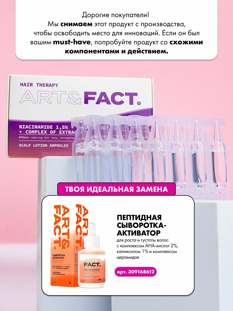 ART&FACT. /Ампулы против выпадения волос с ниацинамидом 1,5%, гексапептидом и комплексом экстрактов, 70 мл — фото 1