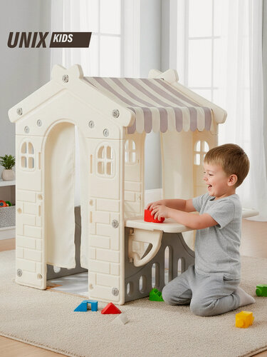 Изображение товара Домик - кафе для детей UNIX Kids Table со столом, манеж для дома и улицы, дачи, пластиковый, магазин детский игровой с откидным столиком и ковриком, 73,5 x 80 х 112 см, серый