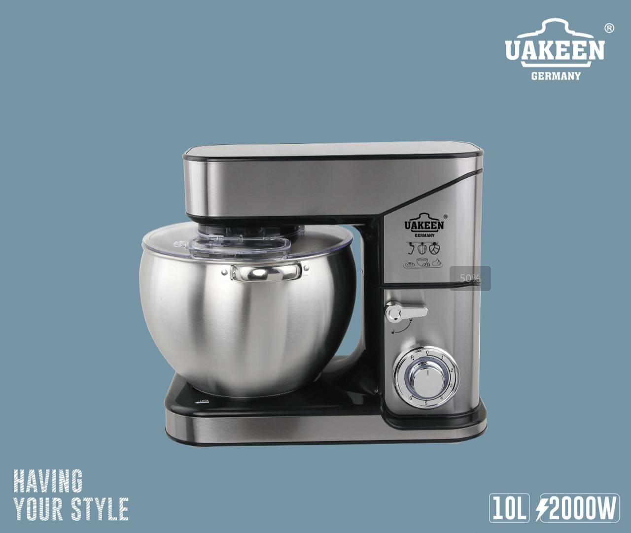 UAKEEN ZL-1605 Mikser, 2000 Vt, 7 tezlik, 10 l zanglamaydigan po'lat idish