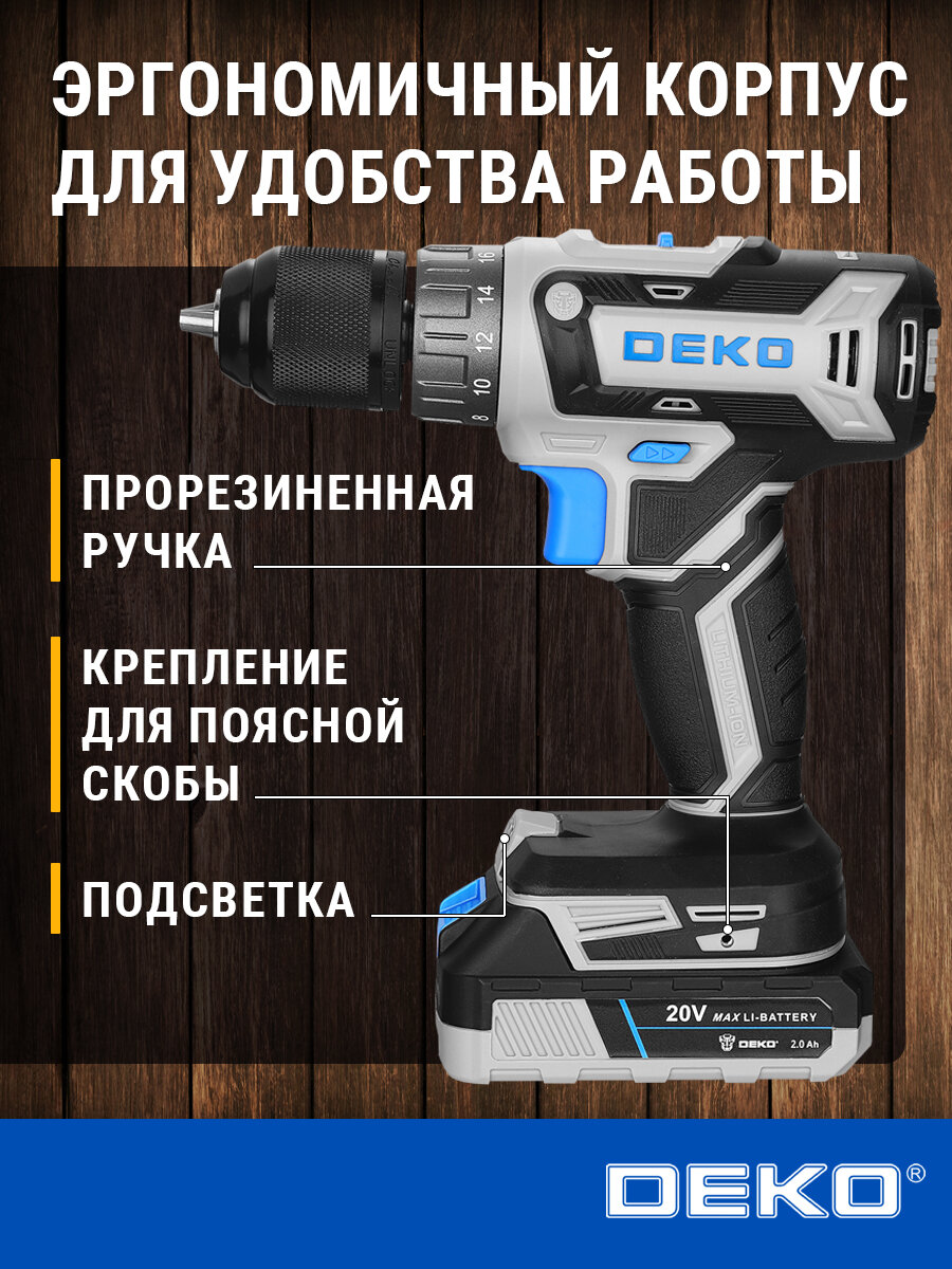 Шуруповерт дрель аккумуляторный DEKO GCD20DU3, 20В, 1*2.0Ач, 1350 об/мин — фото 1