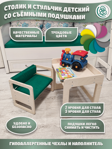 Изображение товара Детский растущий стол и стул, регулируемая высота, растущая мебель