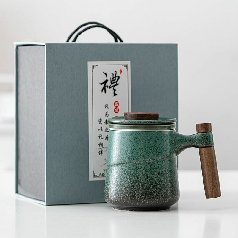 Кружка керамическая в Японском стиле заварочная с крышкой и ситом объём 320 мл цвет зеленый / Кружка для чая