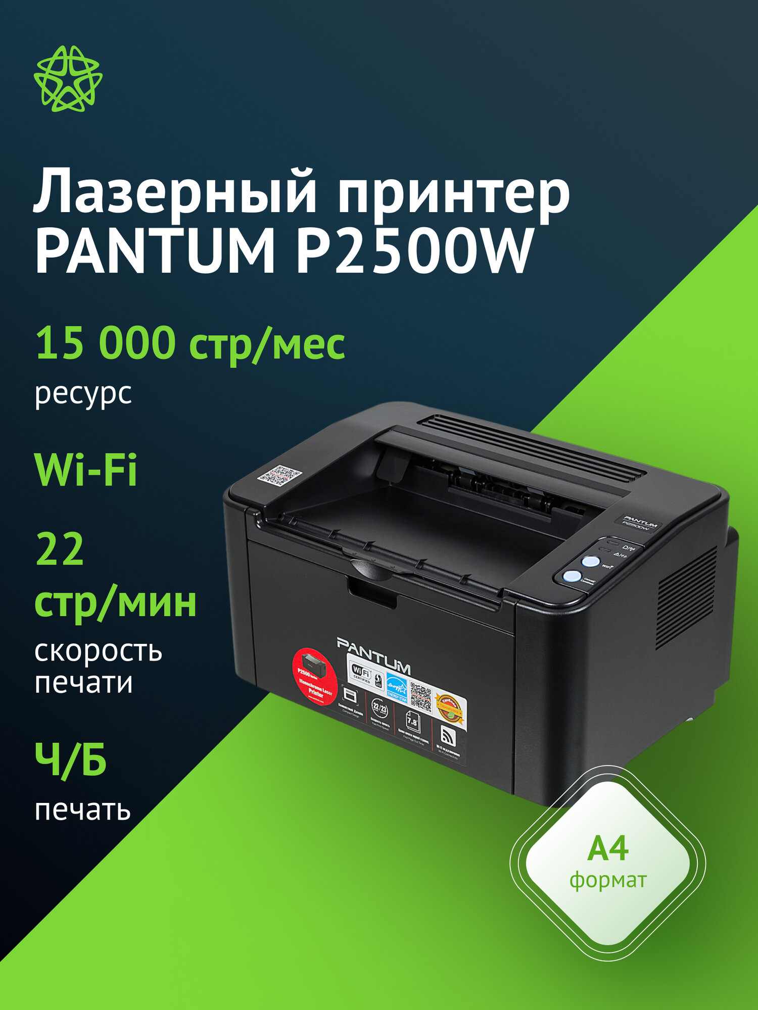 Принтер лазерный Pantum P2500W, тип печати: черно-белый, формат A4, скорость ч/б печати А4 до 22стр/мин, поддержка WiFi