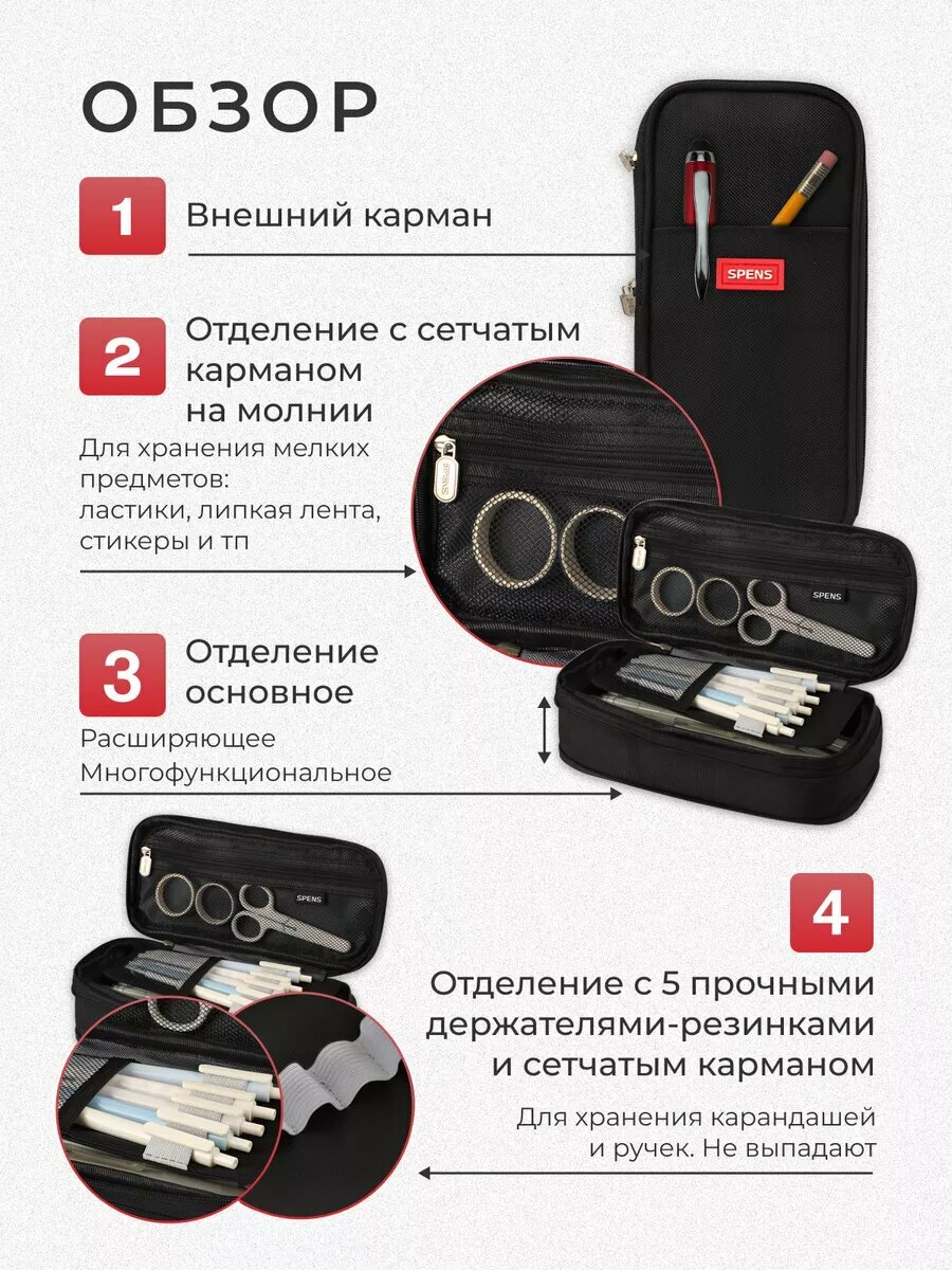 Пенал для девочек и мальчиков 3 отдела на молнии для школы, черный — фото 1