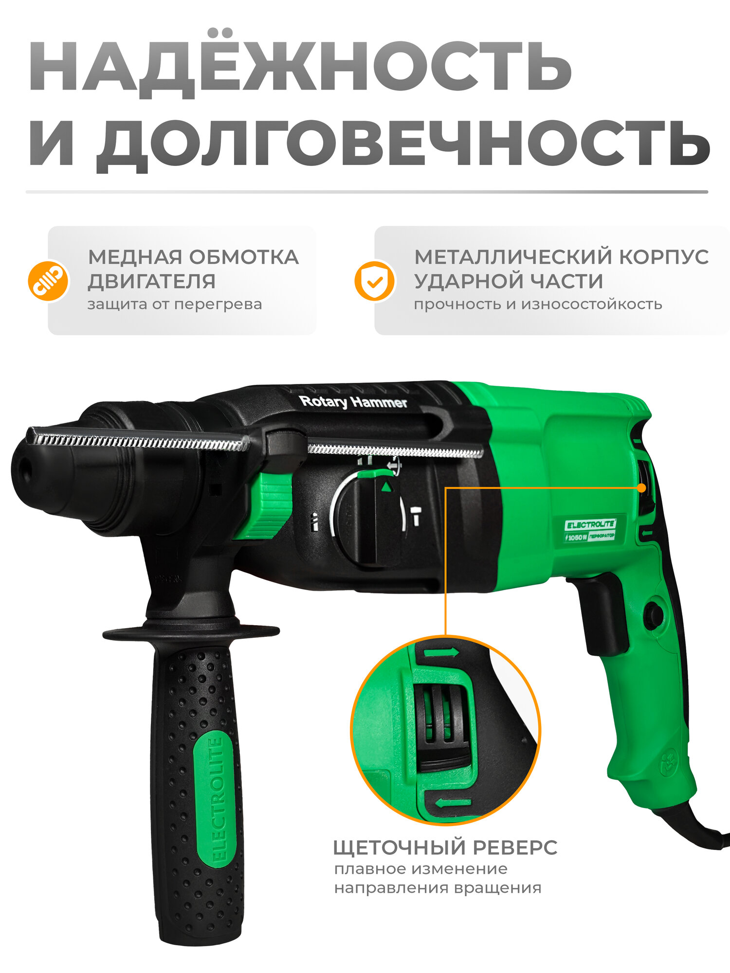 Перфоратор ELECTROLITE П 1050 ( 1050 Вт, 4 Дж, 3 режима, SDS +, кейс, набор буров ) — фото 1
