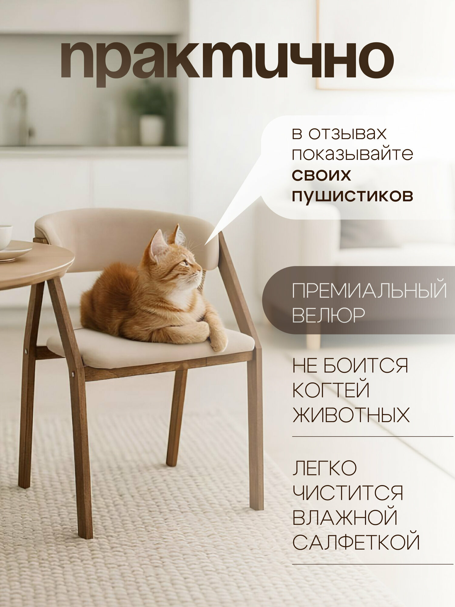 Стулья для кухни комплект 2 шт. со спинкой мягкие деревянные, кресла для обеденной зоны, велюр, Бежевый — фото 1