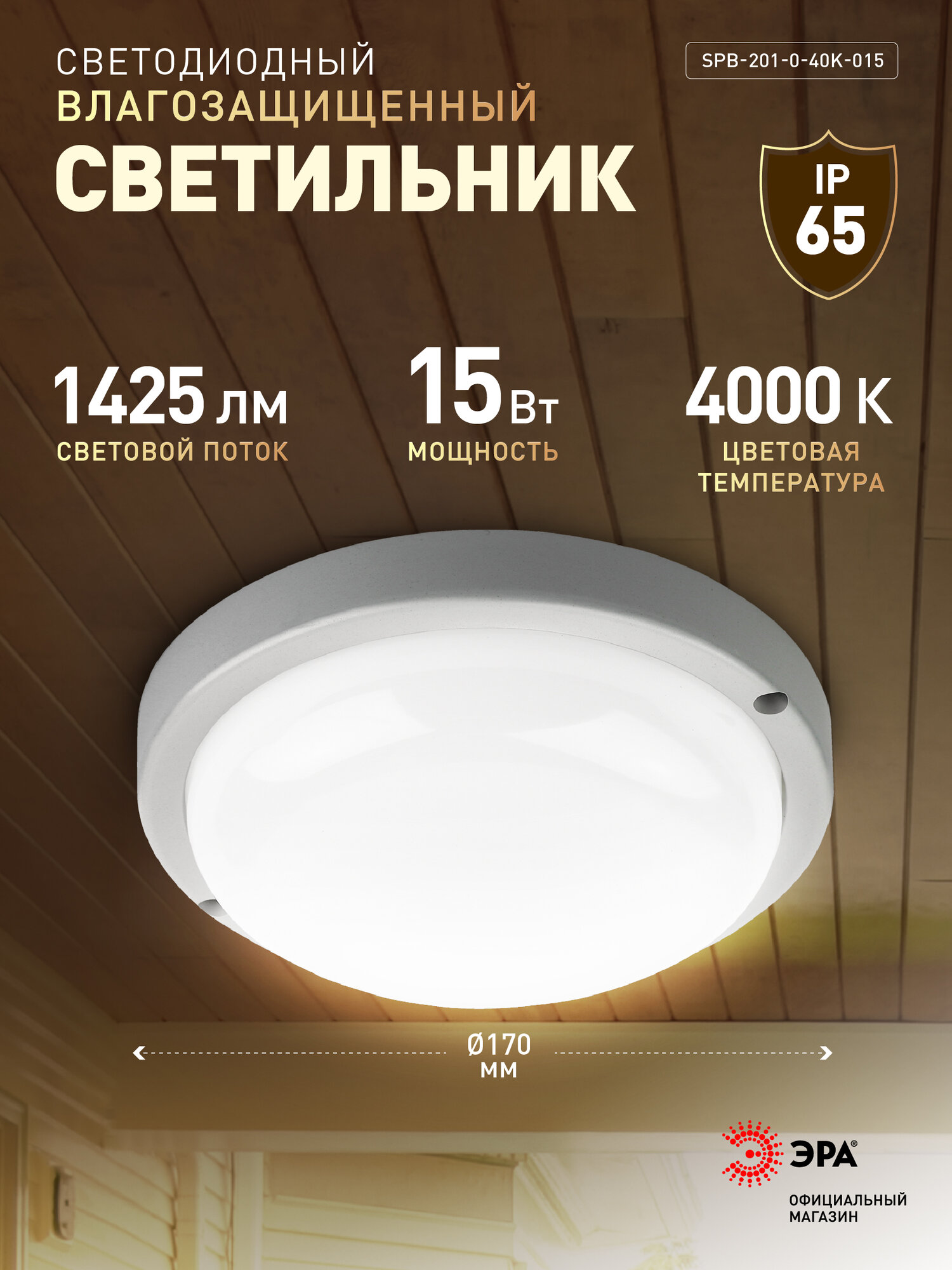 Настенно-потолочный светильник светодиодный уличный ЭРА влагозащищенный IP65 ЖКХ 4000K 1425 Лм 15 Вт D175мм