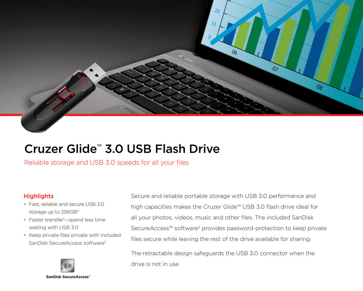 USB флеш-накопитель SanDisk Glide 256GB: надежный накопитель для файлов, быстрый и удобный.