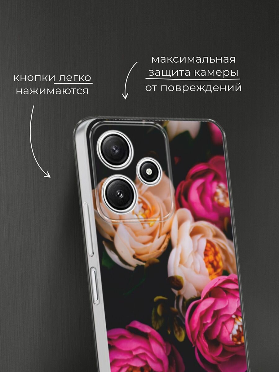 Чехол на Xiaomi Redmi 12 5G / Сяоми Редми 12 5G с принтом "Розовые пионы на черном" — фото 1