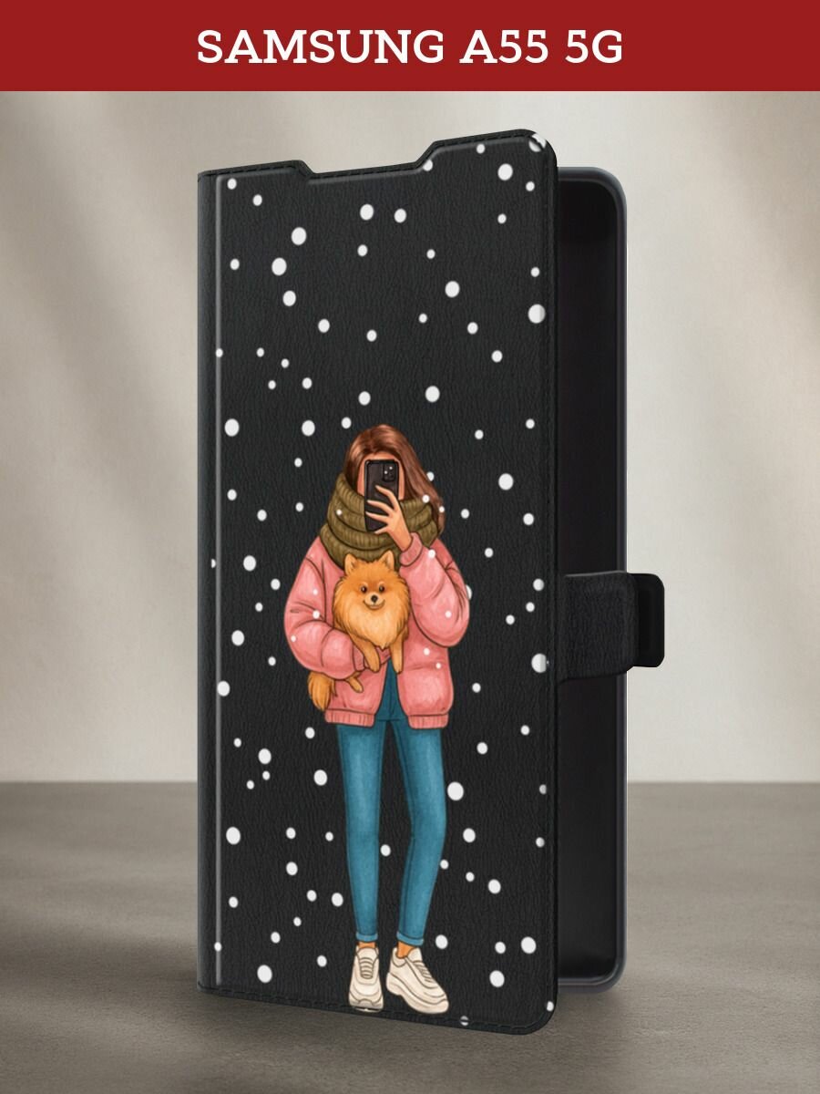 Чехол-книжка на Samsung Galaxy A55 5G / Самсунг А55 5G с рисунком Селфи со шпицем, черный