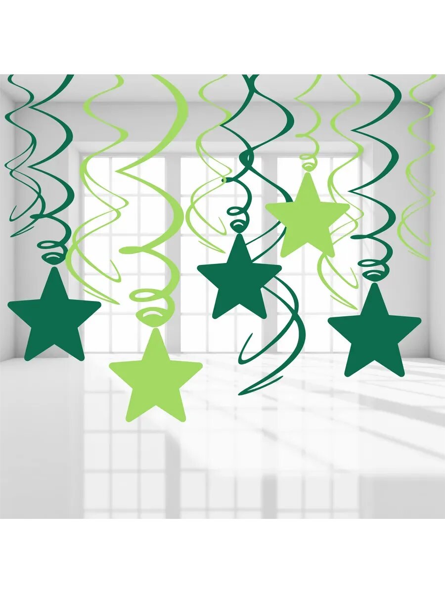 Спираль Декор Звезды, Зеленый св.-Зеленый темн, 12 шт / 6 спиралей со звездами + 6 без звезд