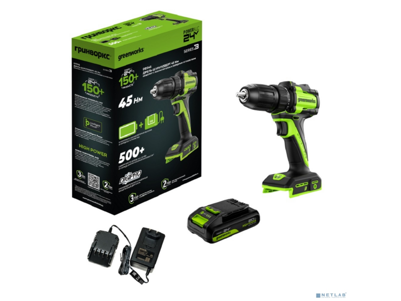 Greenworks DD345 24V дрель-шуруповерт аккумуляторная бесщеточная 27/45 нм13мм1х2ач зу кор [3708307CUA]