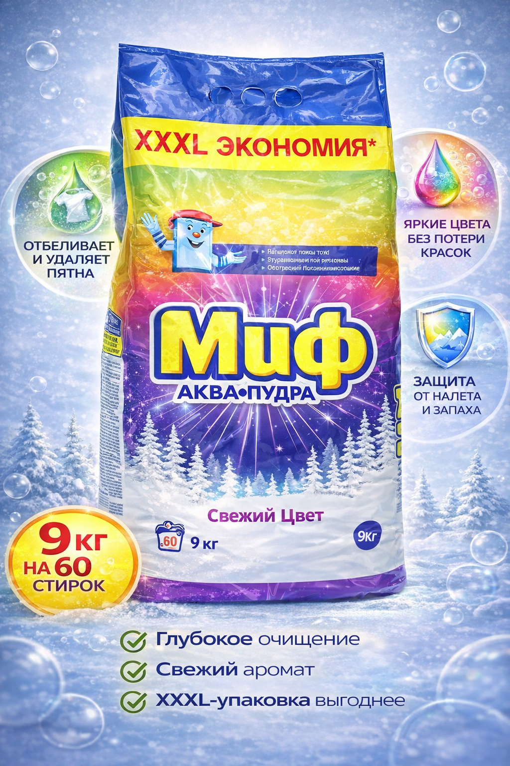 Миф Автомат Стиральный Порошок 9 кг – Для Белого и Цветного Белья, С Приятным Ароматом