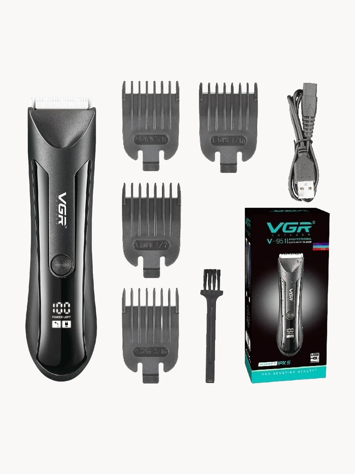 Триммер VGR для интимных зон и подмышек, водонепроницаемый, с LED-дисплеем