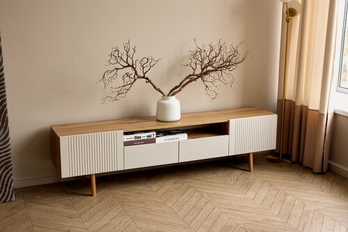 Изображение товара Тумба под телевизор Сканди - 2Я (1.3) размеры ш180*в47*г35. Корпус Дуб Вотан / Фасады МДФ Кашемир.