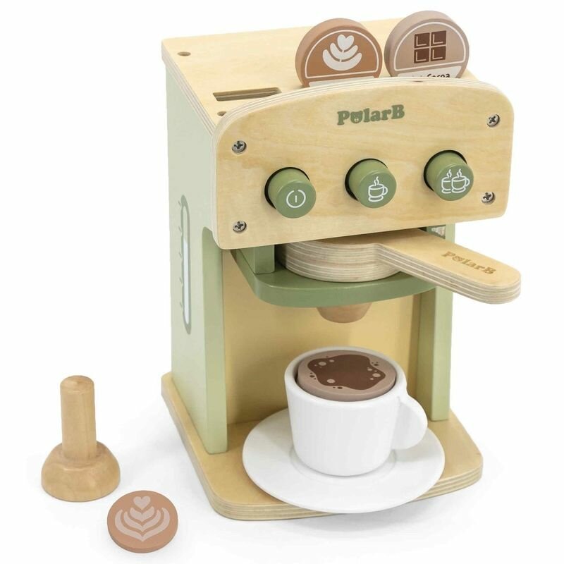 Кофеварка игрушечная Polar B деревянная зеленая с чашкой и блюдцем, 3 кнопки, с аксессуарами в комплекте