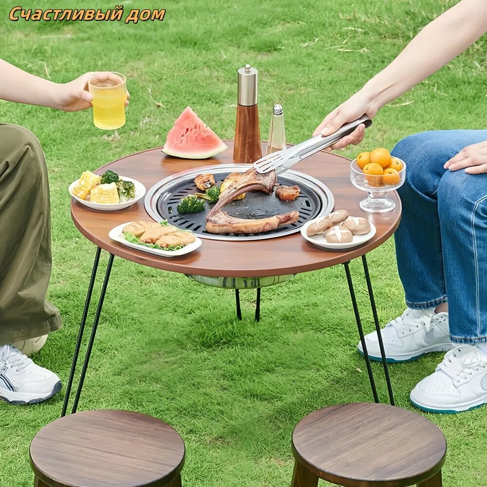 Переносной складной гриль-барбекю с столиком нержавеющая сталь светло-бежевый