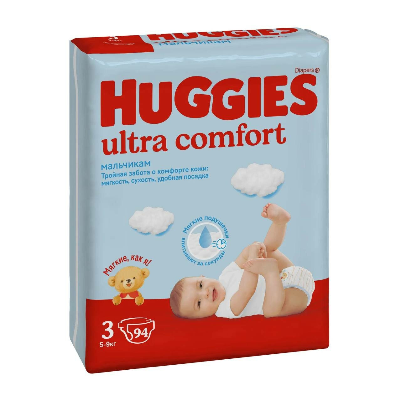 Подгузники Huggies Ultra Comfort для мальчиков с липучкой, 3, 94 штук, 5-9 кг