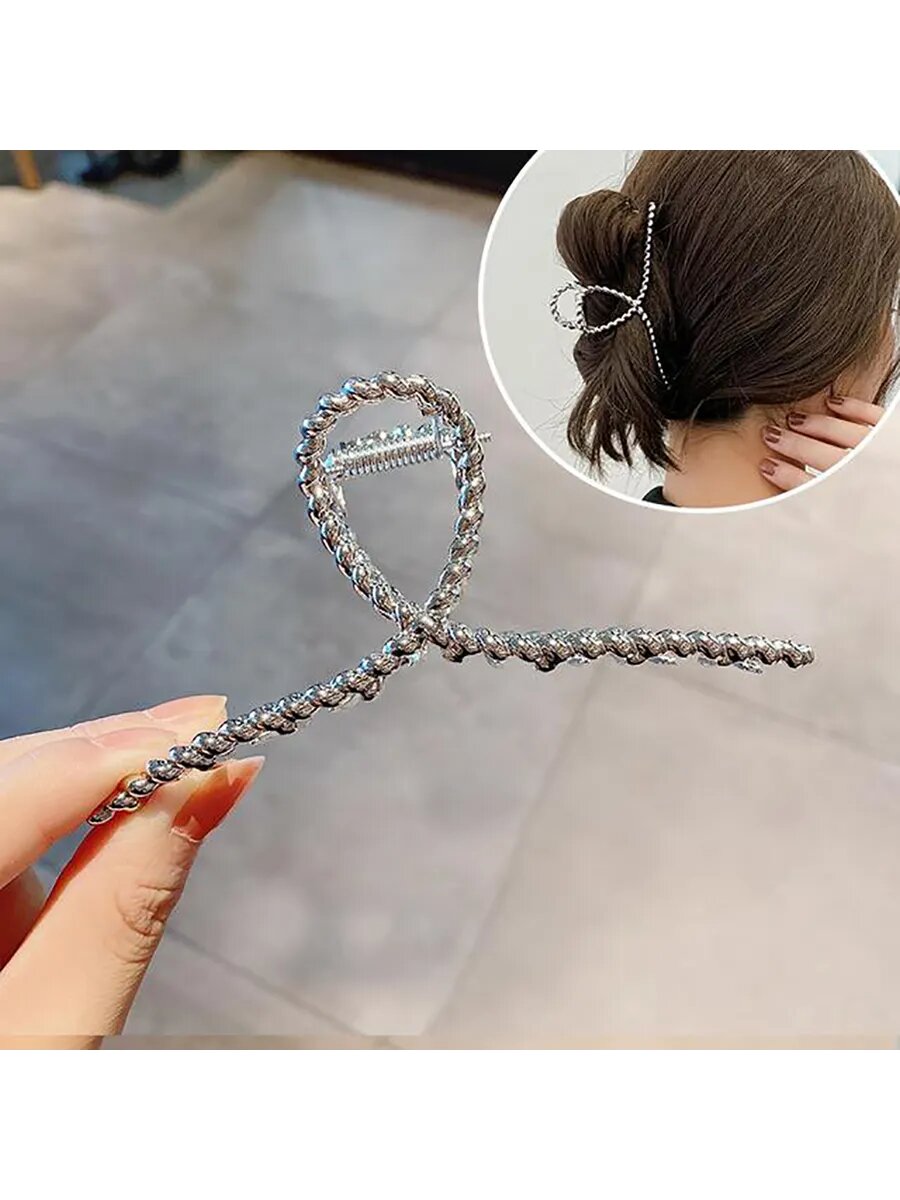 Заколка-краб для волос серебристая витая, глянцевое покрытие, 10,5см — фото 1