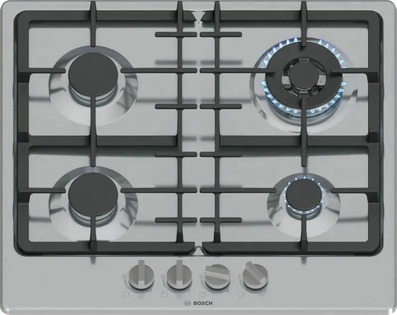Газовая варочная панель BOSCH PGH6B5K90R, 58.2 см, независимая, 4 конфорки, есть WOK, нержавеющая сталь