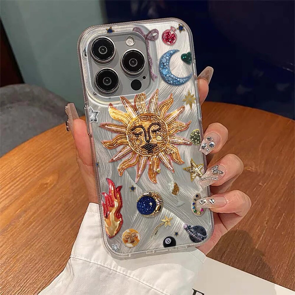 Коктейльный чехол для телефона в стиле ретро Sun Planet для iPhone 16 15 14 13 12 11 Pro Max X Xs XR XSMax 7 8 Plus SE 2022 чехол с текстурой перьев Style 1 For iPhone 13