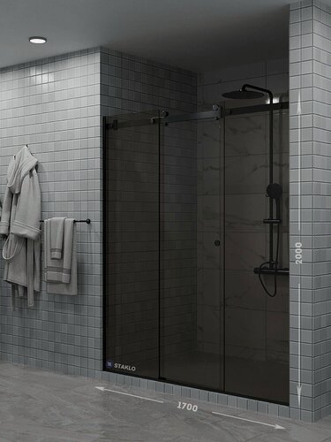 Изображение товара Раздвижная душевая в нишу три стекла staklo 170x200 из бронзового стекла черная фурнитура