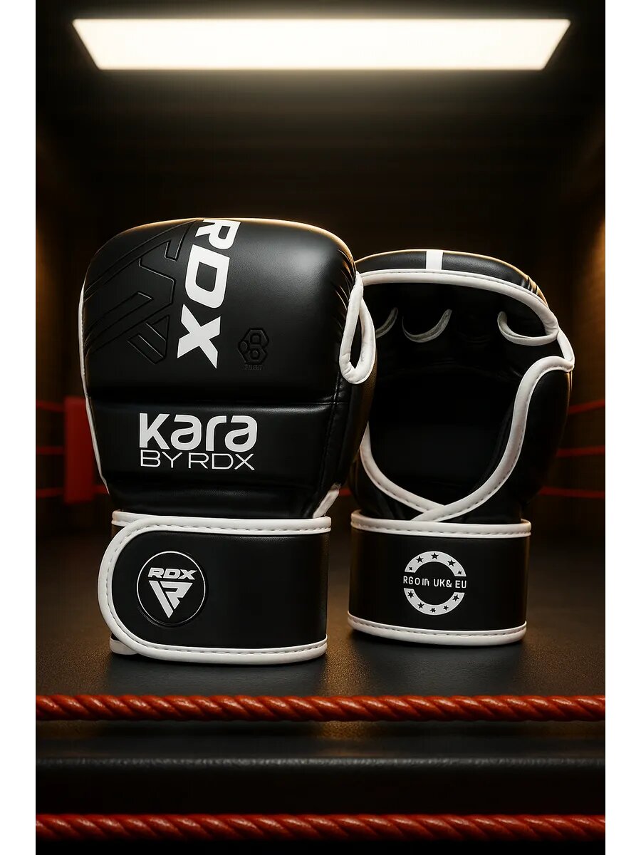 Перчатки RDX Kara MMA детские и взрослые без пальцев крабы четырехслойная набивка черно-белые S/M