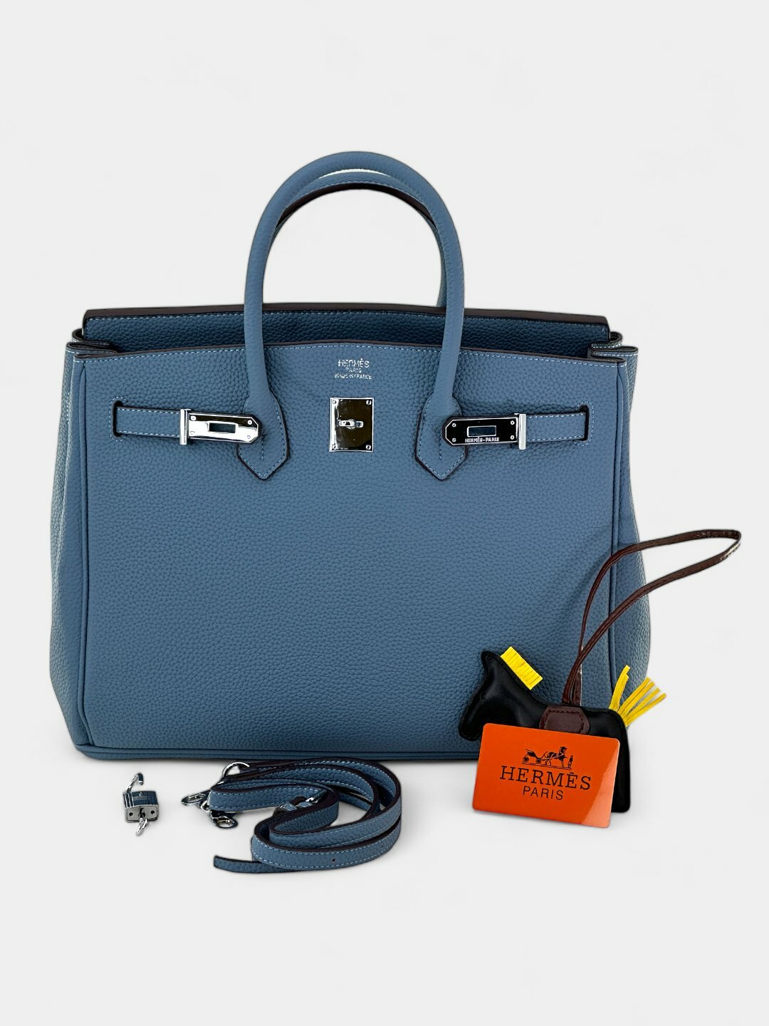 Сумка  Hermes Birkin Style Leather Bag, фактура зернистая, голубой,