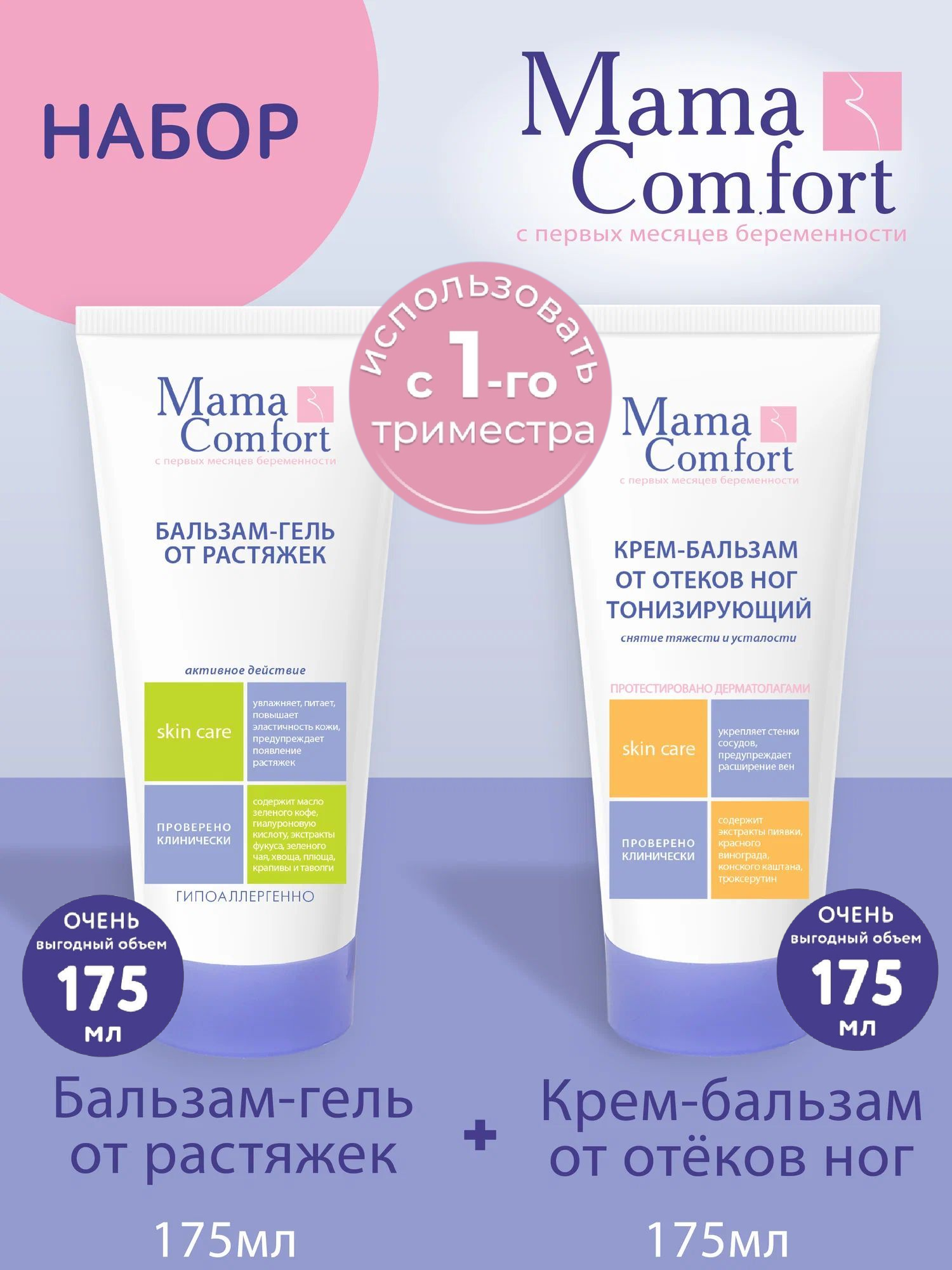 Mama Comfort Набор Крем-бальзам для ног от отеков 175мл, для беременных + Бальзам-гель от растяжек 175мл, гипоаллергенно