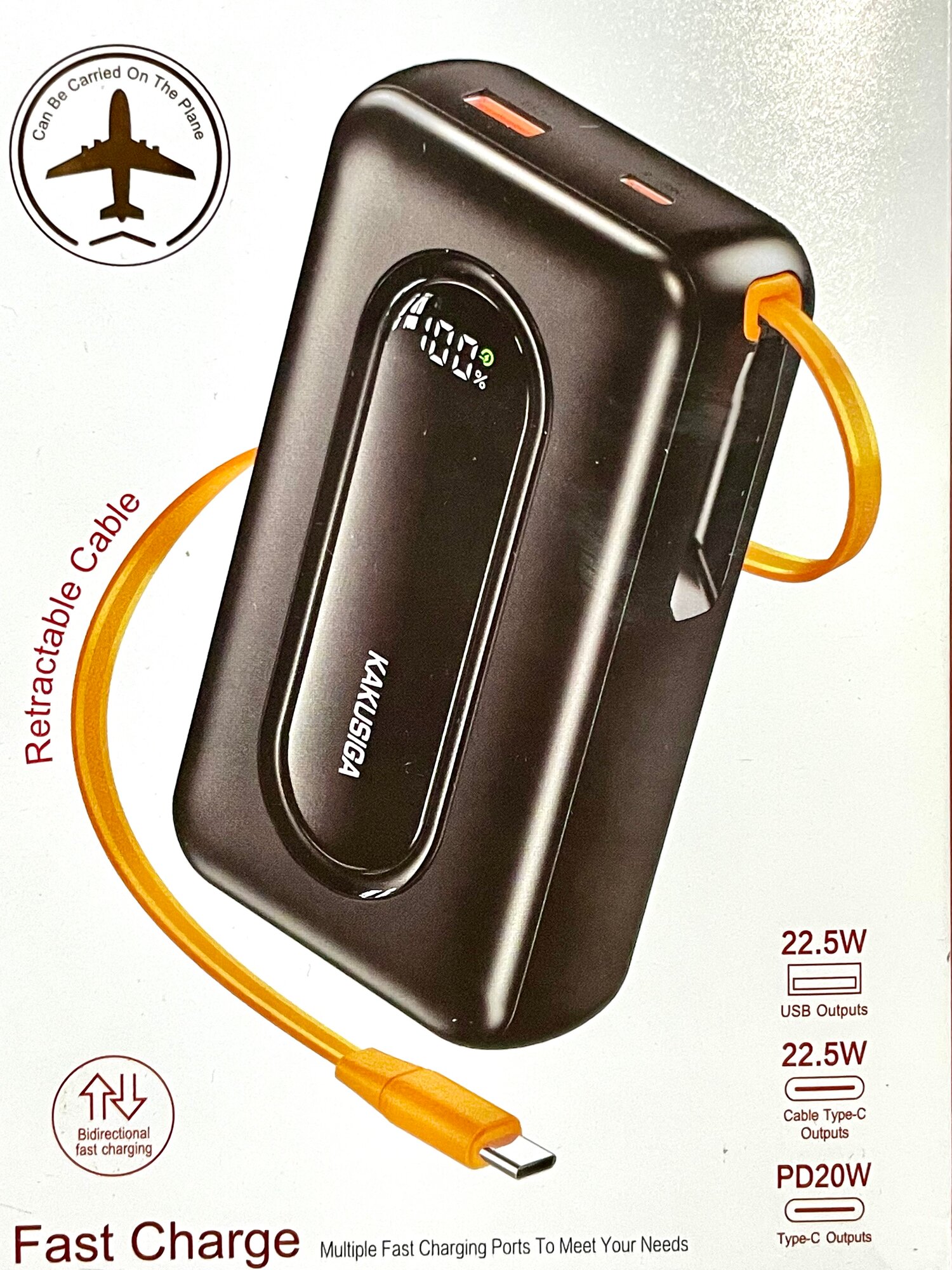 Портативный аккумулятор 20000 mAh, KAKUSIGA, быстрая зарядка, черный