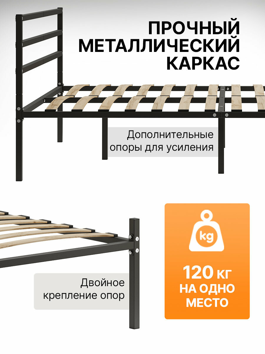 Кровать металлическая Металика В3 180х200 черная с держателями для матраса и доп. опорами — фото 1