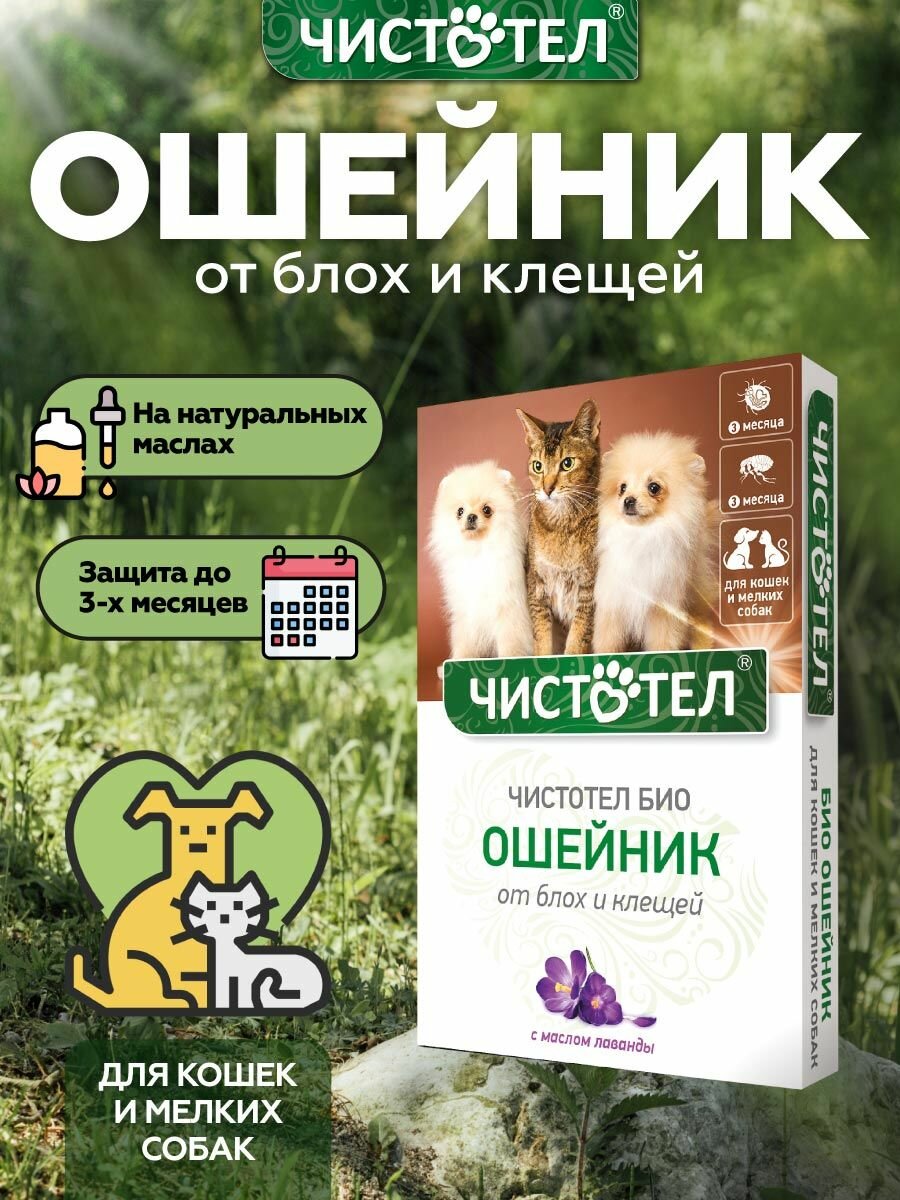 Ошейник Чистотел Био с лавандой для кошек и мелких собак от клещей и блох 40 см