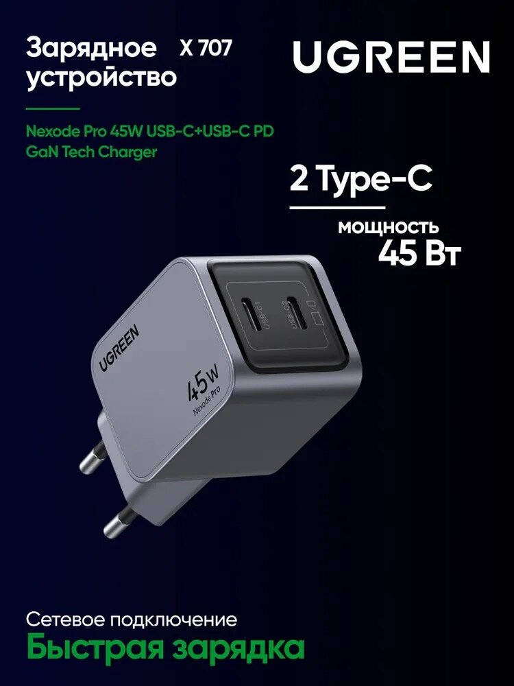 UGREEN - компактное быстрое зарядное устройство с двумя портами USB-C, X-707-35008