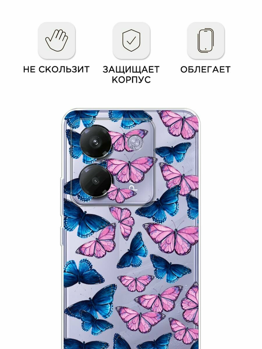 Чехол на Poco M7 Pro / Поко М7 Про с принтом Розовые и голубые бабочки, прозрачный — фото 1