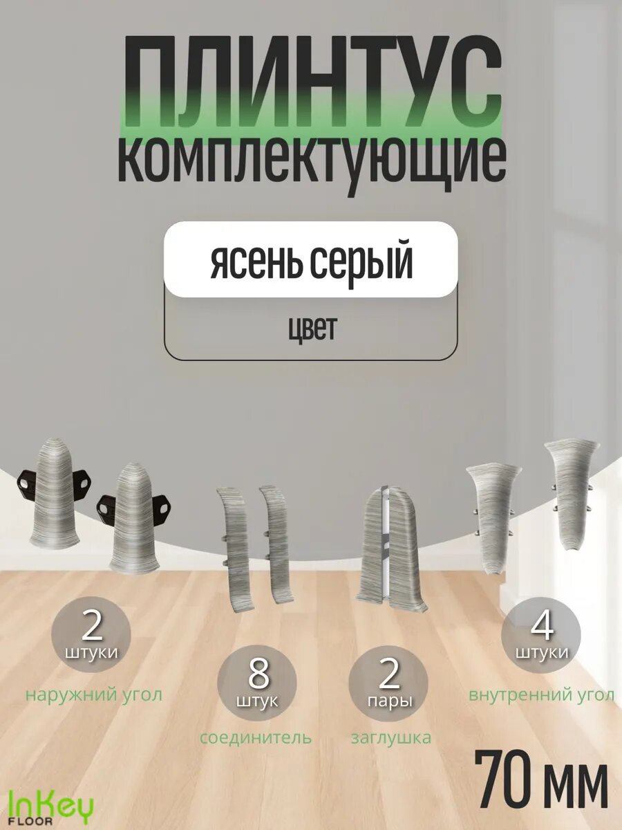 Комплектующие 70 мм цвет ясень серый для плинтуса 10 штук полный комплек