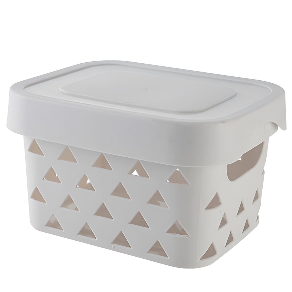 Корзина имеет крышку и боковые стороны с узором из треугольных отверстий.