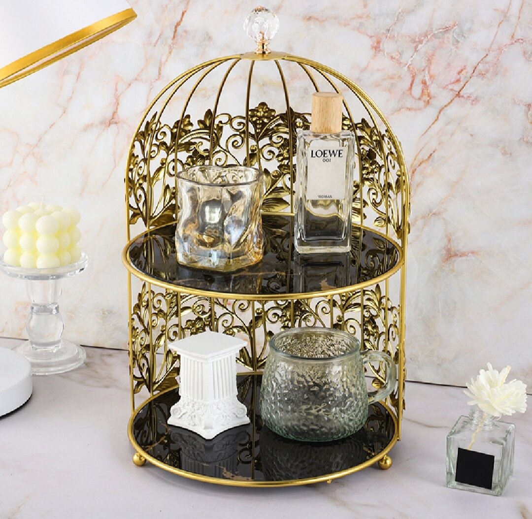 Органайзер для косметики и парфюмерии, 2-ярусный, ширина 30 см золотой металл и черные стекло, декоративный, настольный