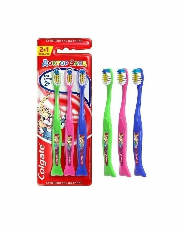 Набор зубных щеток COLGATE Доктор Заяц супермягкие, промоупаковка 2+1