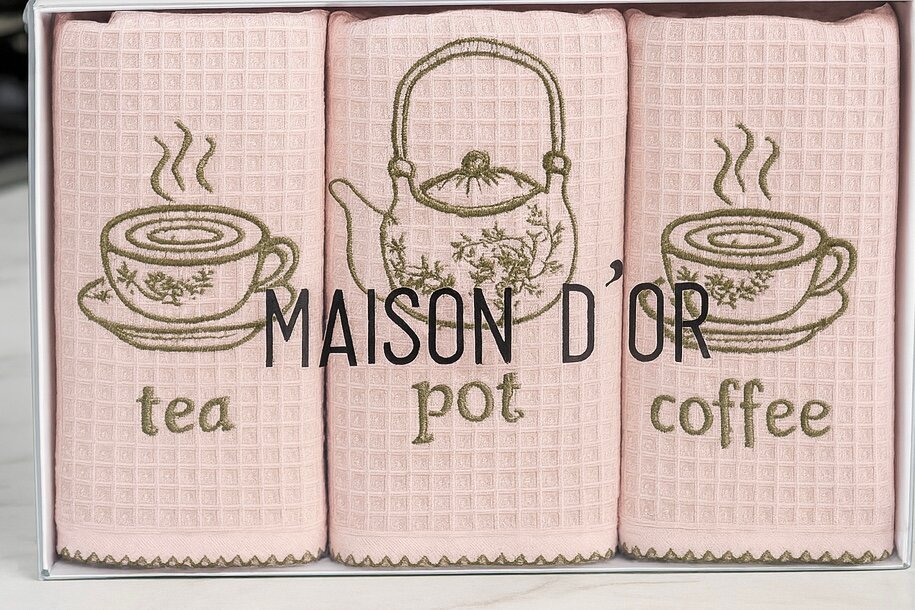 Кухонные вафельные полотенца Maison D’or — идеальный выбор для дома. Набор мягких хлопковых полотенец с вышивкой tea / pot / coffee — фото 1