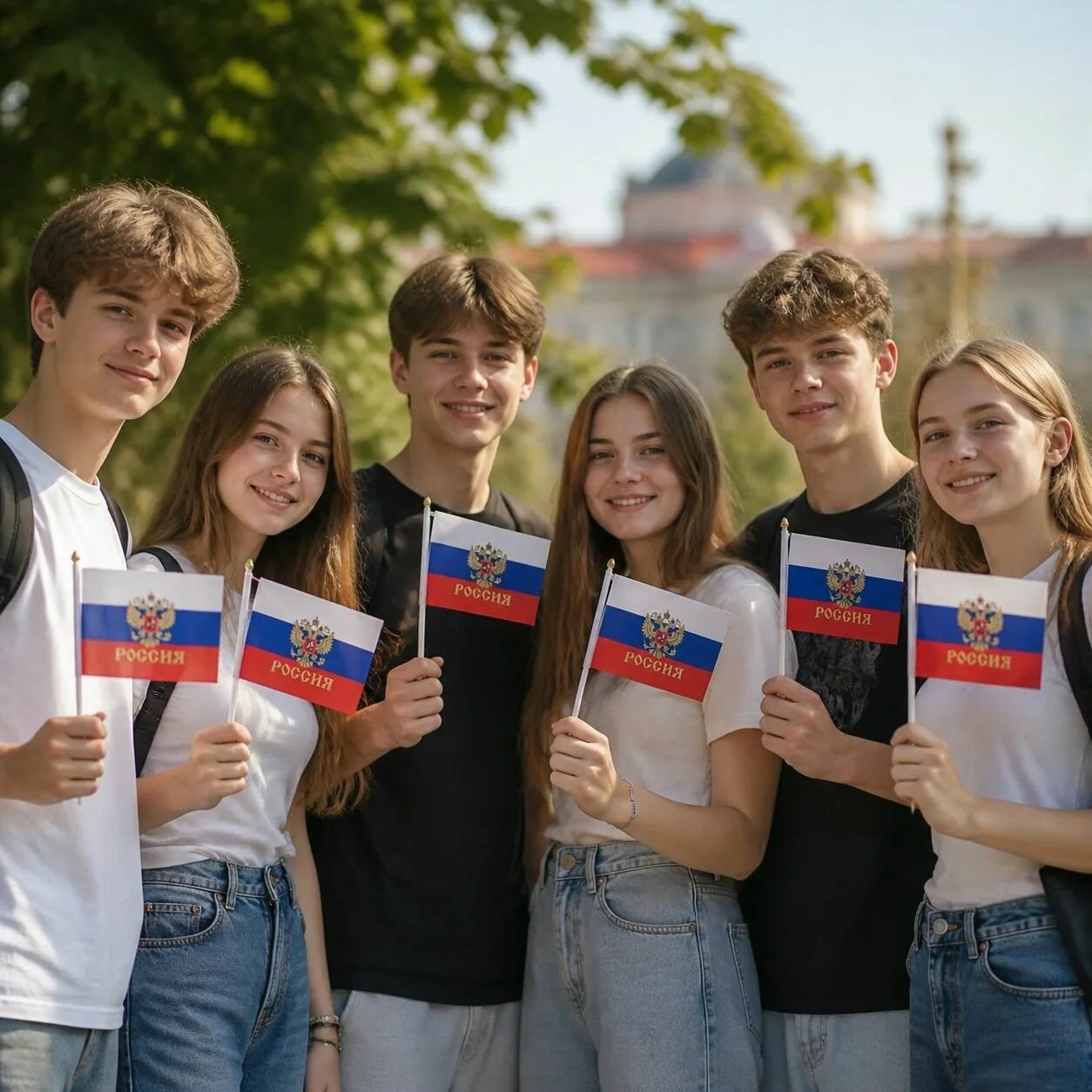 Флаг Триколор с гербом 14х21 см с флагштоком набор 6 шт