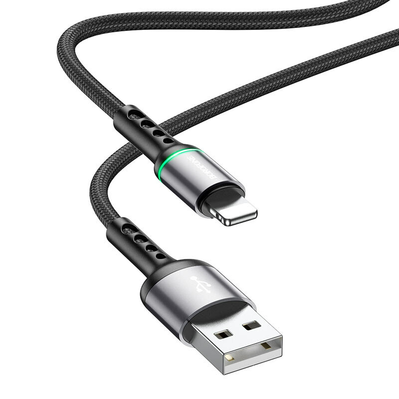 Кабель USB - 8 pin Borofone BU33 Color ring 1.2м круглый 2.4A ткань подсветка цвет: чёрный