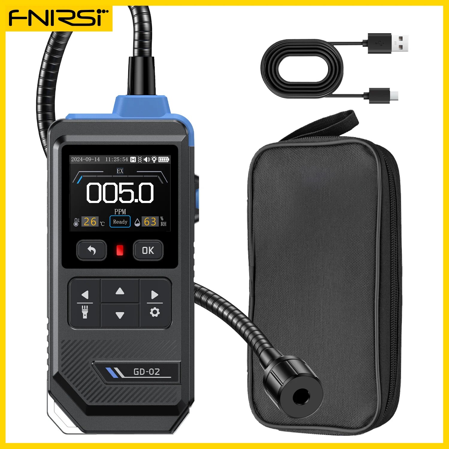 FNIRSI GD-02 Детектор утечки горючего газа 0 ~ 50000 ppm Датчик изобатана метана и пропана с сигнализацией для домашнего и промышленного использования GD-02