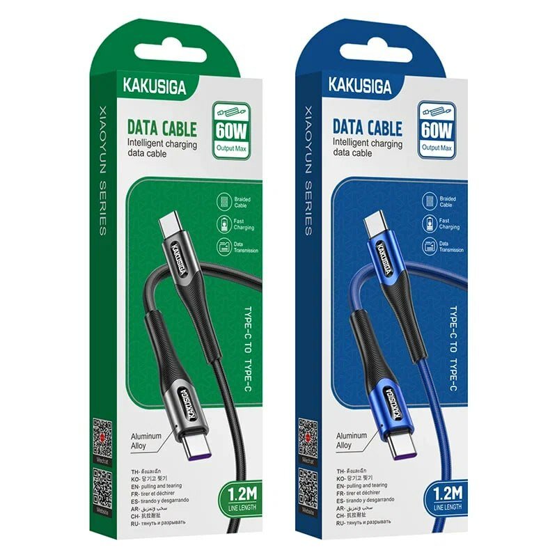 Кабель KAKUSIGA, Type-C, USB, для быстрой зарядки, 60Вт, 1м, черный — фото 1